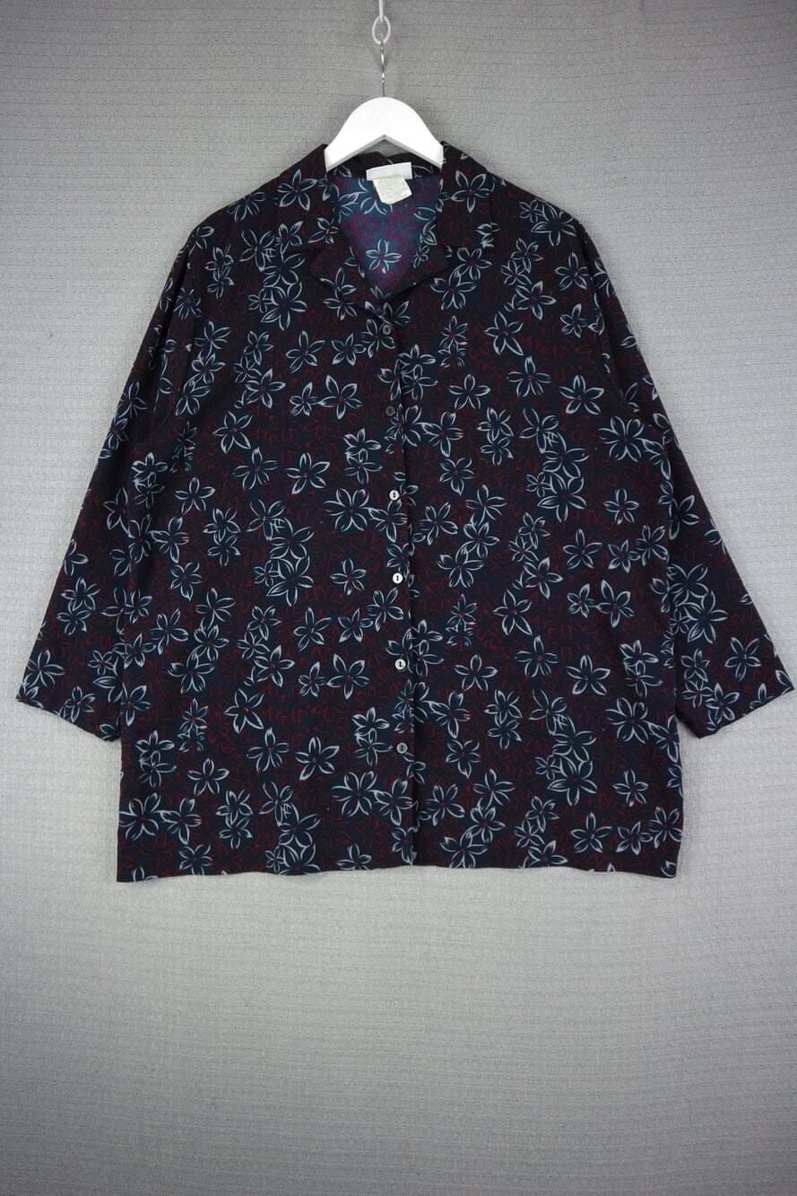 Truly Classic Women's Dark Purple Floral Button Up Shirt Blouse Free Size Vintag